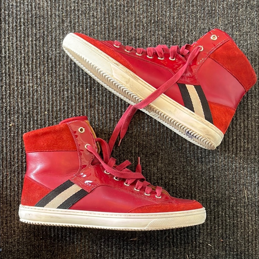 Bally Red and White High-Top Sneakers with Leather Upper